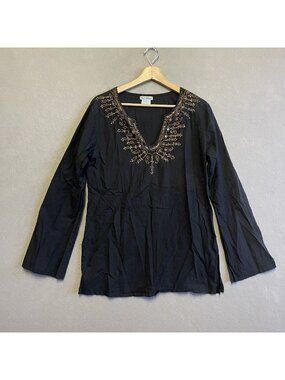 Cute Options Black Tunic With Gold Embroidery Long Sleeve M